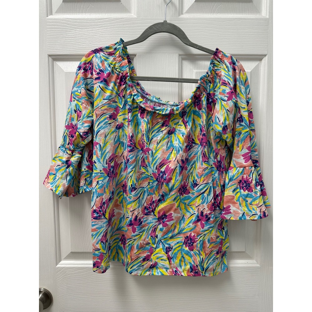 Stella Parker Collection Floral Off Shoulder Bell Sleeve Top Peach Multi Medium